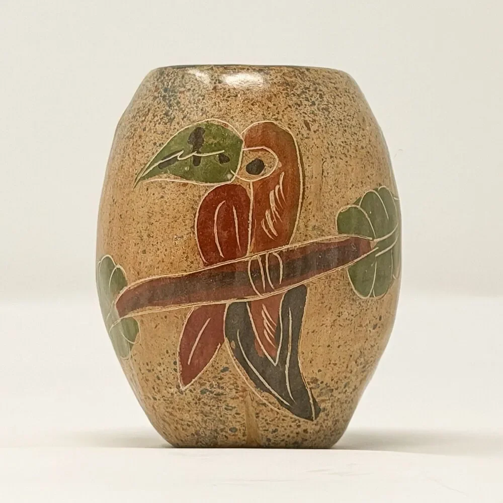 Vintage Hand Painted Parrot Pottery Vase Small Tropical Bird Decor